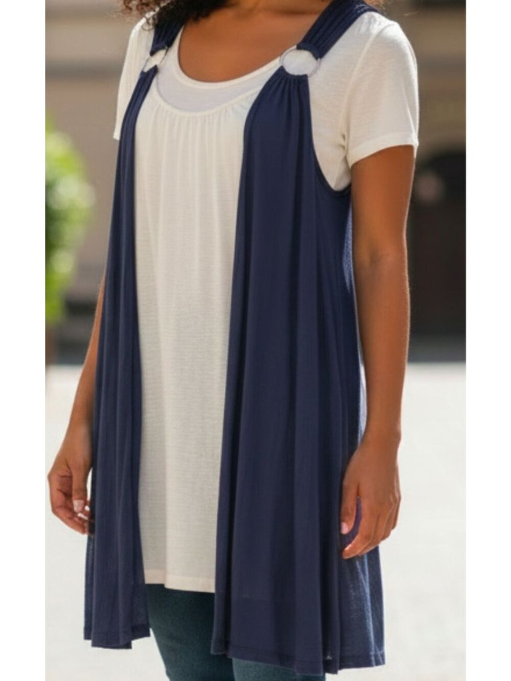 Navy Sleeveless Open Drape Vest With Metal Ring Accents Womens Casual Layering P